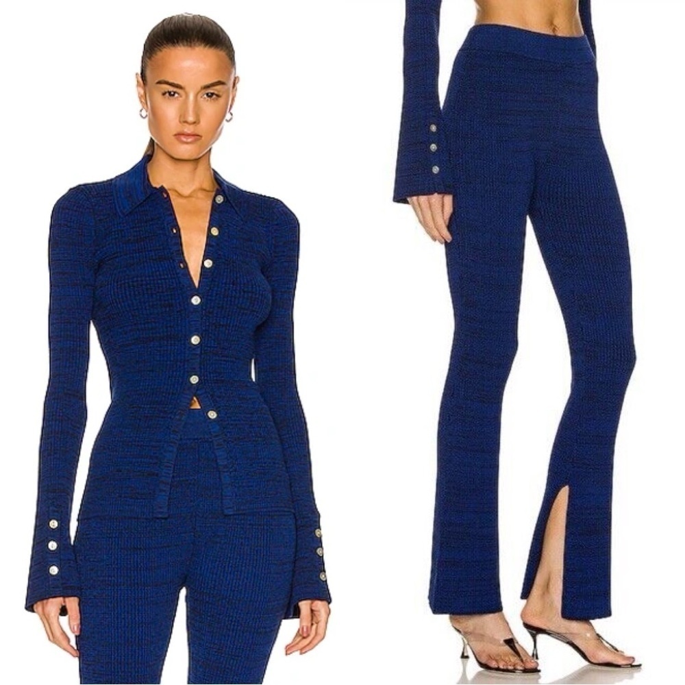 Le Ore Rimini Button Down Cardigan and Flared Split Hem Pants in Space Blue